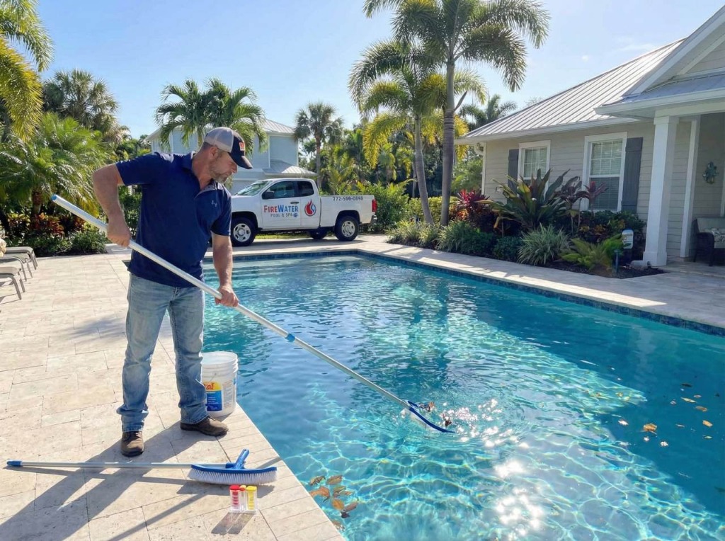 Professional pool maintenance technician servicing a pool in Vero Beach