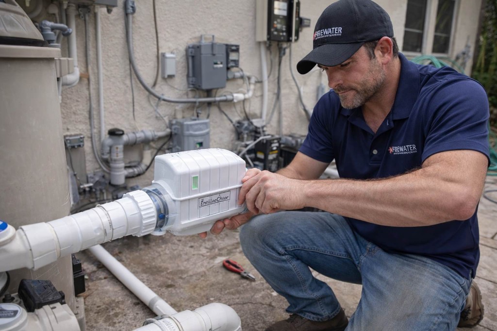 Professional pool technician installing a salt system in Vero Beach